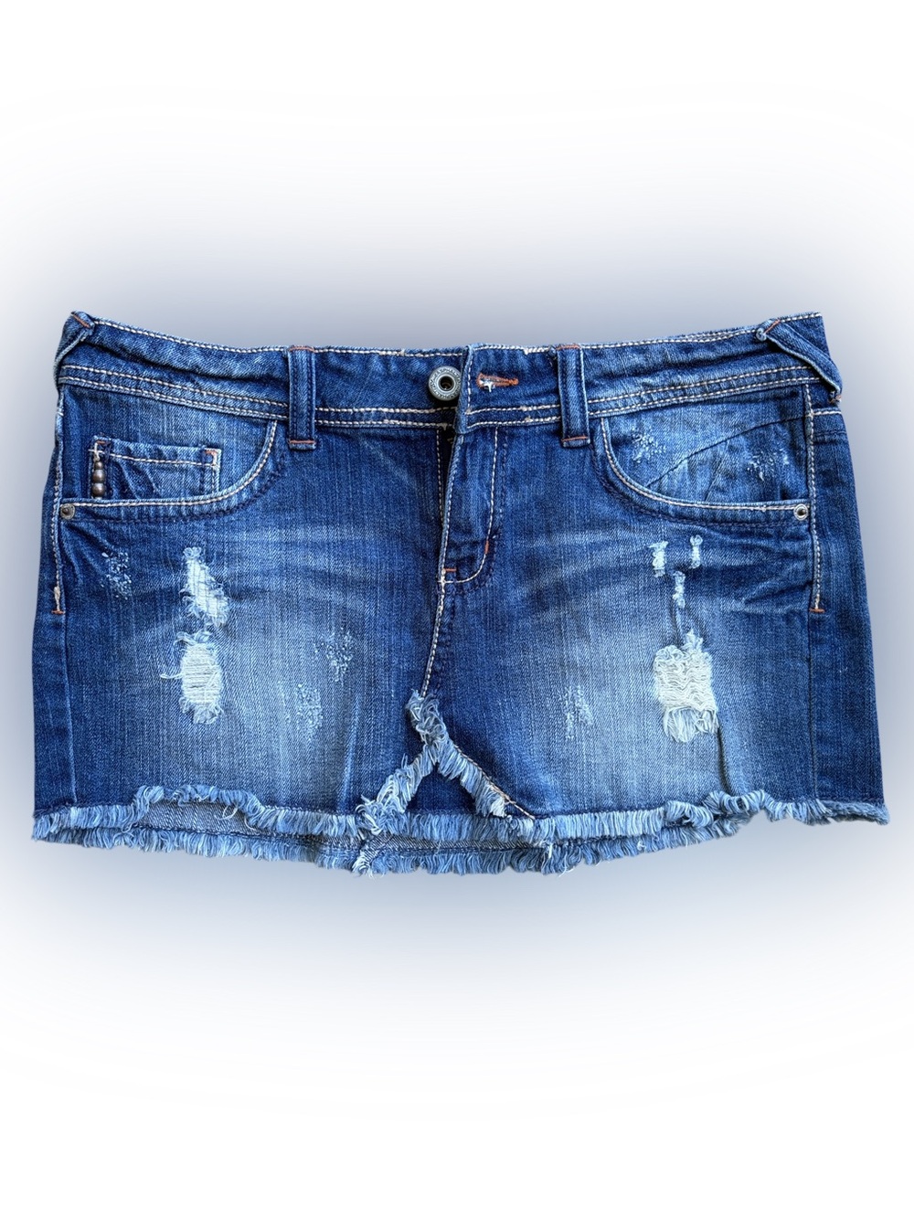 Blue Asphalt Distressed Low Rise Denim Micro  Mini Skirt